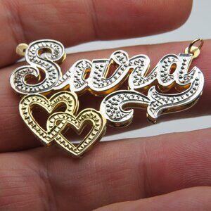 14k Gold Double Name Plate SARA Hand Made